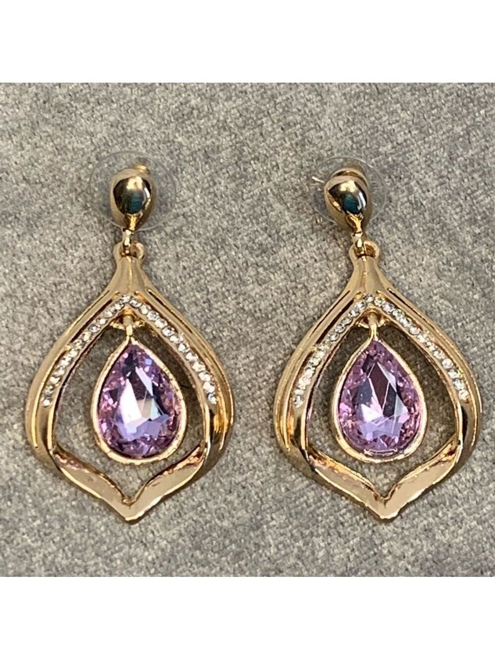 Gold tone Crystal rhinestone trim pink gem jewelled dangling earrings formal